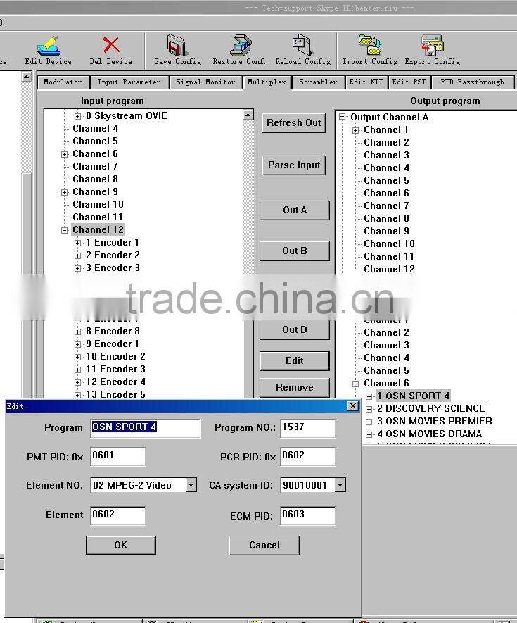 6*DVB-S2 to 4 QAM TransModulator with MUX-Scrambler(6*DVB-S/S2+6*ASI in,4*DVB-C RF out)