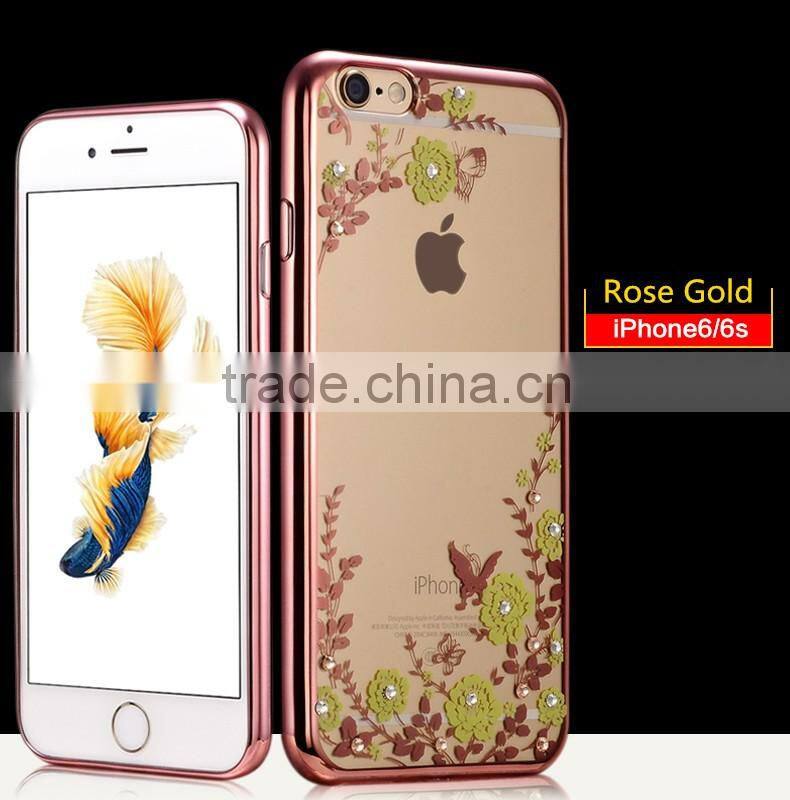 Hot Selling Luxury Garden Style Crystal Clear Soft TPU Diamante Eletroplated Case for Iphone 6