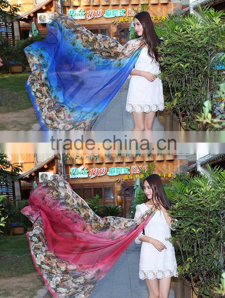 2016 Rose Patterns Gradient 100% Polyster Inmitated Silk Scarf Pashmina Scarves/ Large Shawls Ponchos Wraps Women 145x170cm