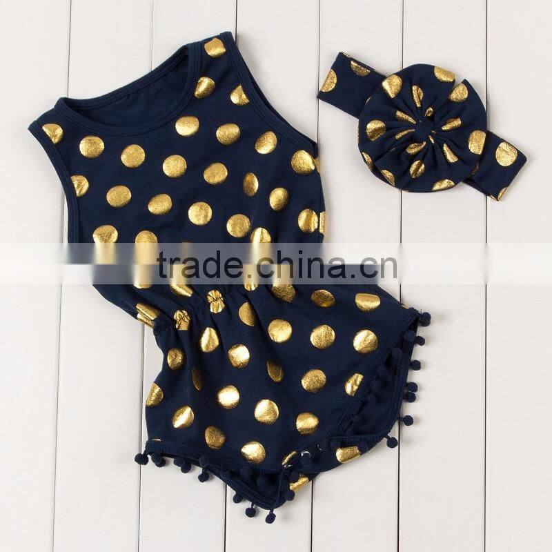 Pretty pom pom trimmed play suit romper black gold polka dot baby romper gold polka dots princess bubble romper for birthday