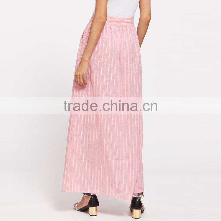 New Arrival Fashion Design Belted Button Up Pinstripe Skirt Women High Waist A Line Maxi Skirt