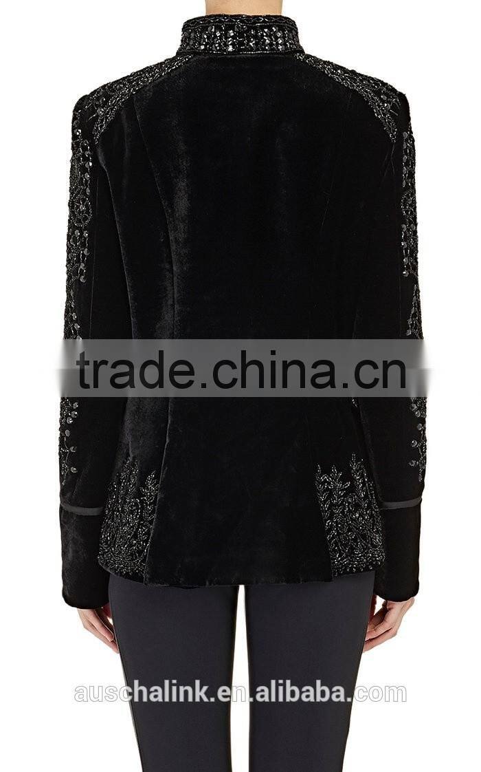 2016 high quality lady fancy embellished black velvet jacket