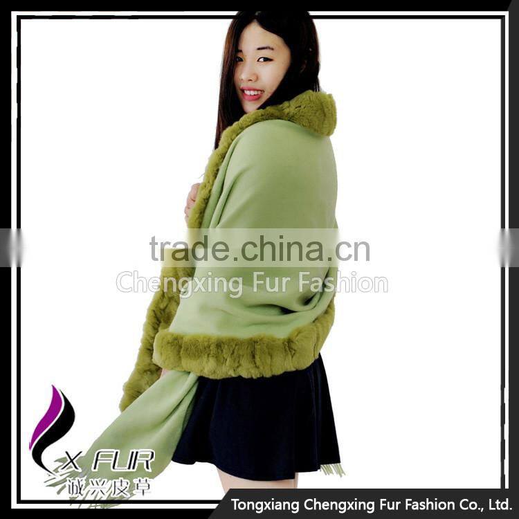 CX-B-P-48D Fashion Indian Cashmere Pashmere With Rex Rabbit Fur Shawls Hand Made