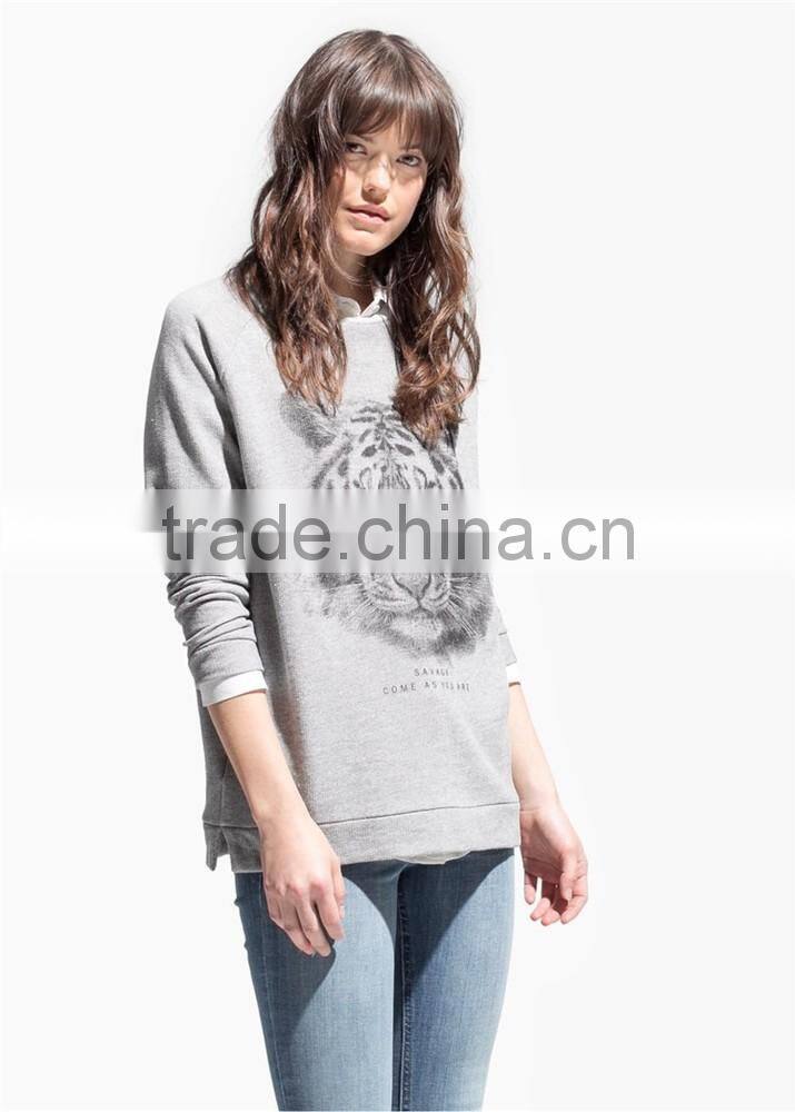tiger printed grey womens sweatshirts without hood wholesale