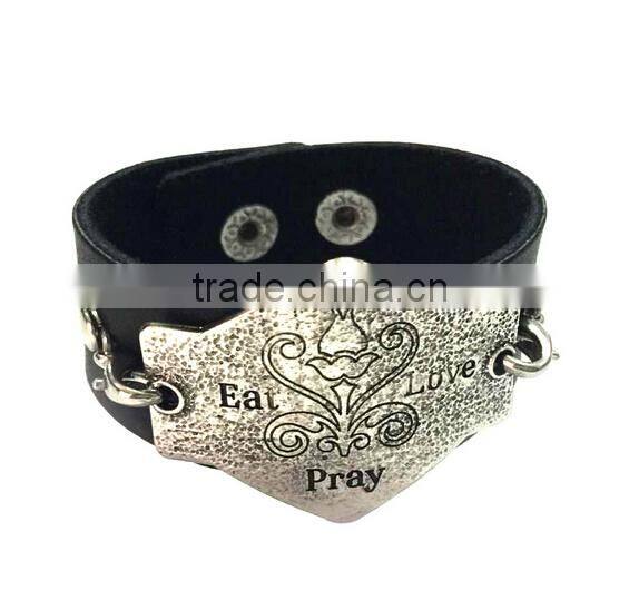 Brown/black color adjustable bracelets,inspirational words metal charm cuff bracelets,wide leather bracelet