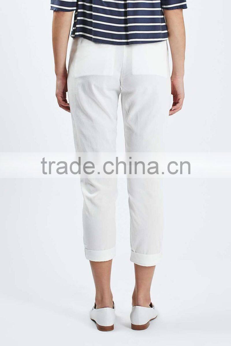 Plain white tapered leg women casual cotton pant trousers new design