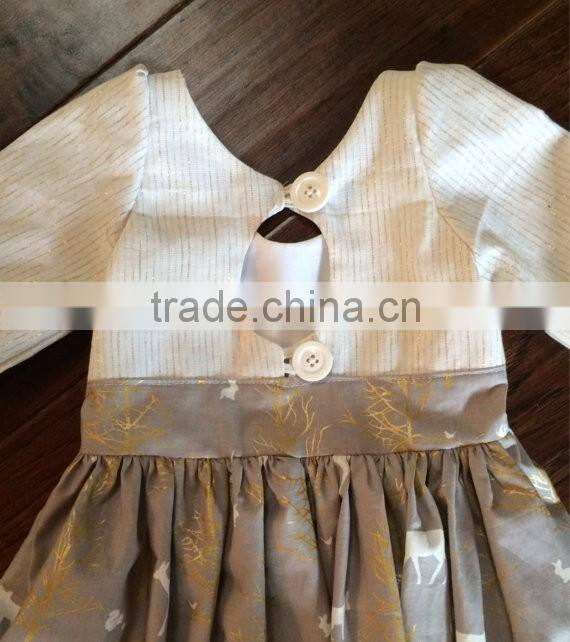 2017 Girls Christmas Reindeer Holiday Dress Stripe Woven Cotton Printed Dress