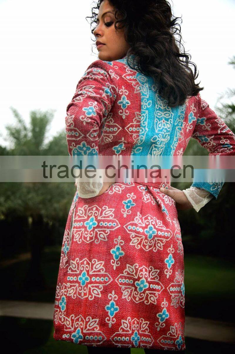 Vintage Kantha Long Jacket in Turquoise and Red ~ Extra Small