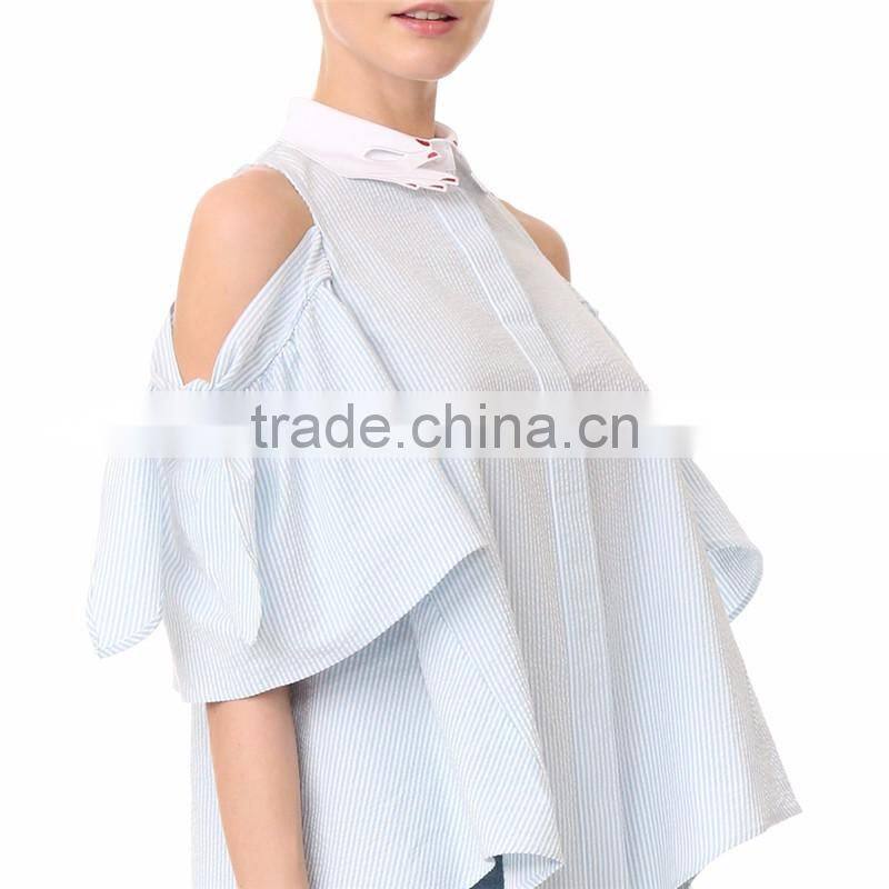 Spring half sleeve voluminous high-low hem high neck blouse designs