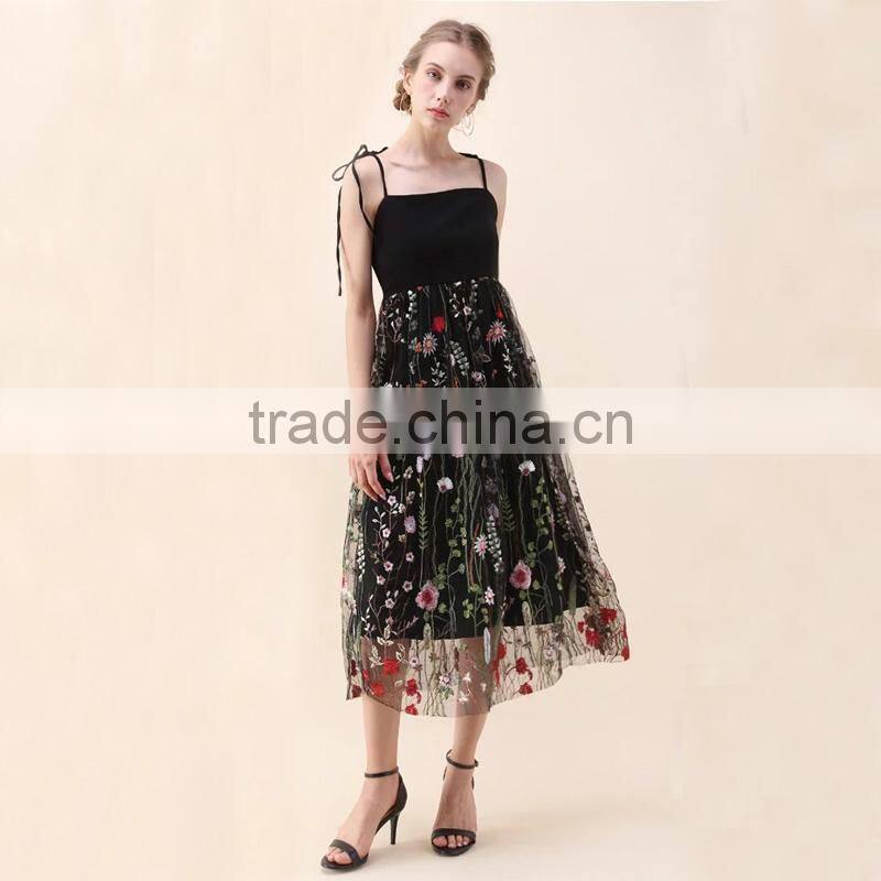 NEWEST WOMEN self-tie strap and floral embroidery black mesh dress