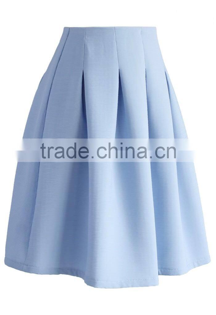 2016 Guangzhou Shandao Factory Summer New Arrivals Casual Pleated Blue High Waist Half Chiffon Lady Skirt