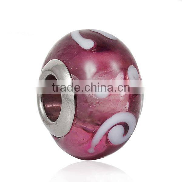Lampwork Glass European Style Large Hole Beads Round Mauve Transparent White Spiral With 304 Stainless Steel Silver Tone Core