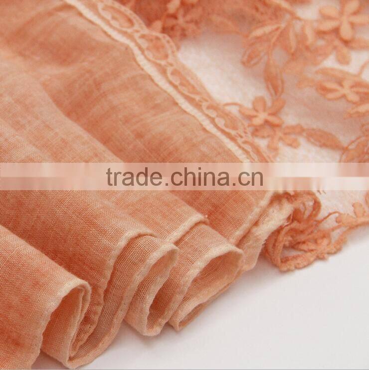 New fashion custom classic plain dyed linon viscose thin lace flower trim ribbon hijab scarf