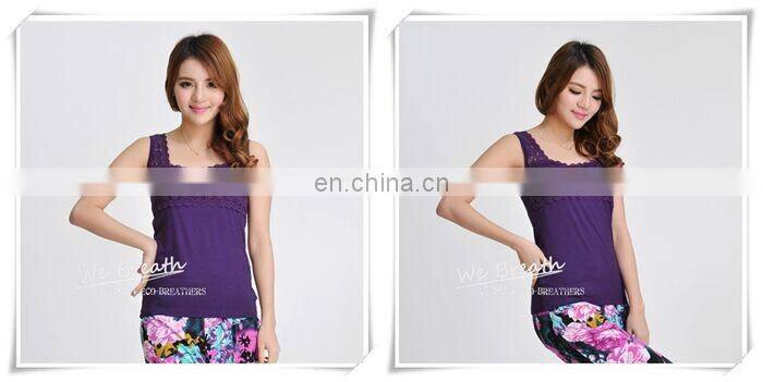 Lace Trim Square Neck Tank Top Bamboo Fiber Ladies Sleeveless Vest