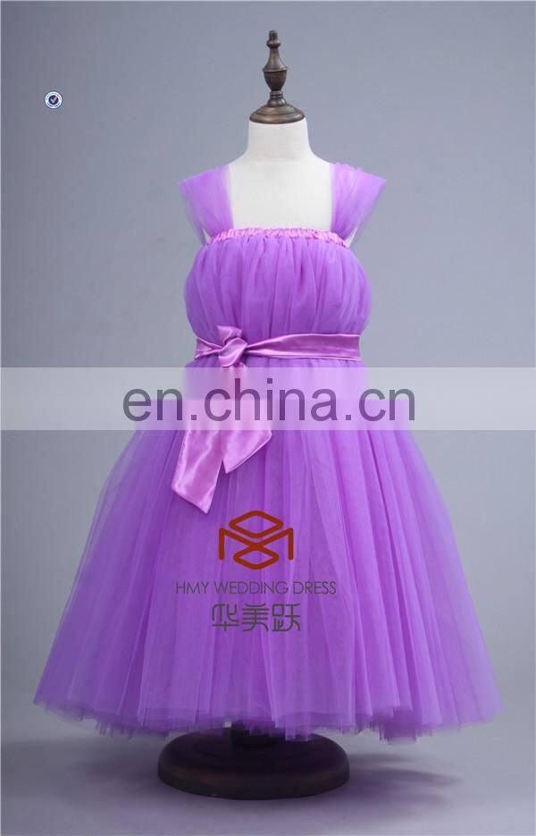 Real Pictures SHMY-F013 Purple Tulle Full Length Cap Sleeve Flower Girl Dress with Belt