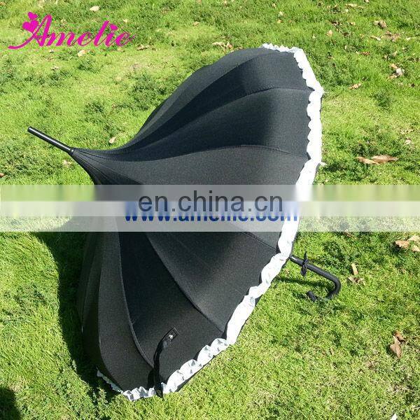 A0423 Gothic Black Pagoda Parasol with flower trim