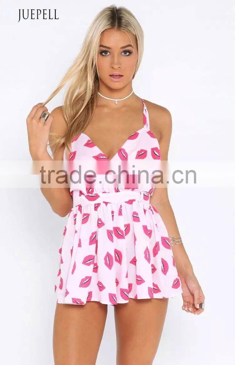 hot selling summer red lips printed condole jumpsuits