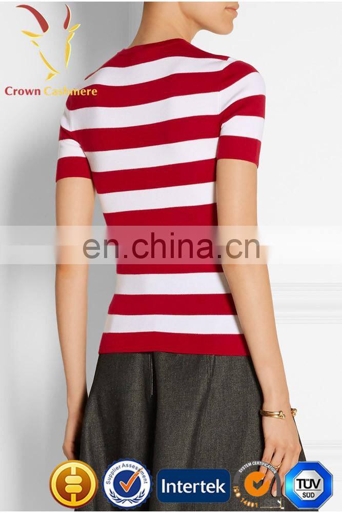 Ladies red and white striped short sleeve pure cashmere sweater