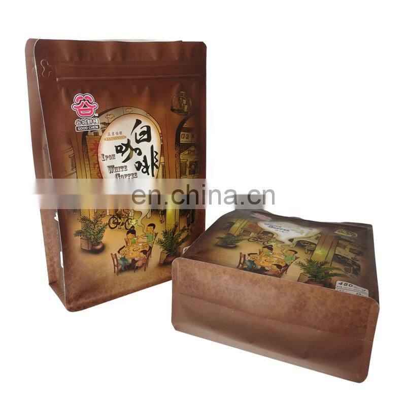 Recyclable stand up block bottom kraft paper packaging custom printed paper coffee zipper pouches for ipoh white coffee