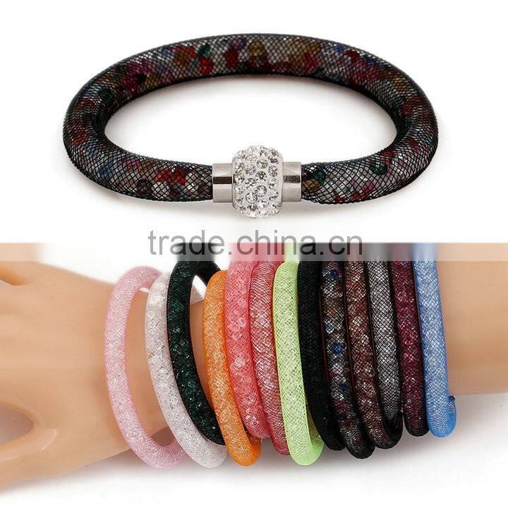 New Arrivals Colorful Mesh Single Wrap Stardust Bracelets With Crystal stones Filled Magnetic Clasp Charm Bangles
