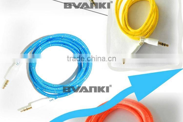 New premium 2016 Fabric Braided Flat AUX Cable For IPod Iphone MP3 Audio Cable 3.5mm for samsung galaxy j3 free samples