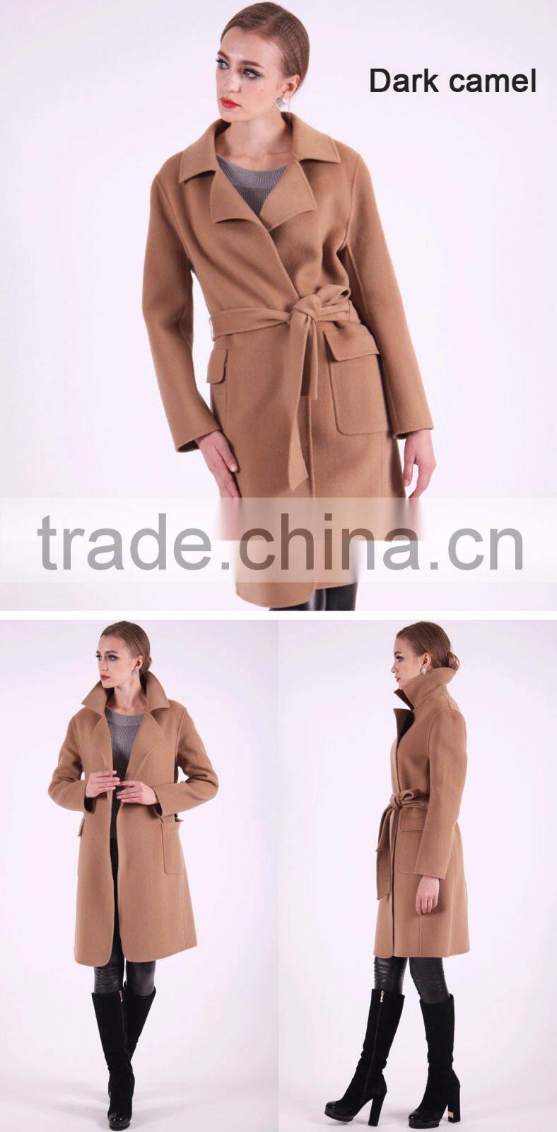 2016 New Design Fashion Women Length Slim Fit Wool Coat With Belt