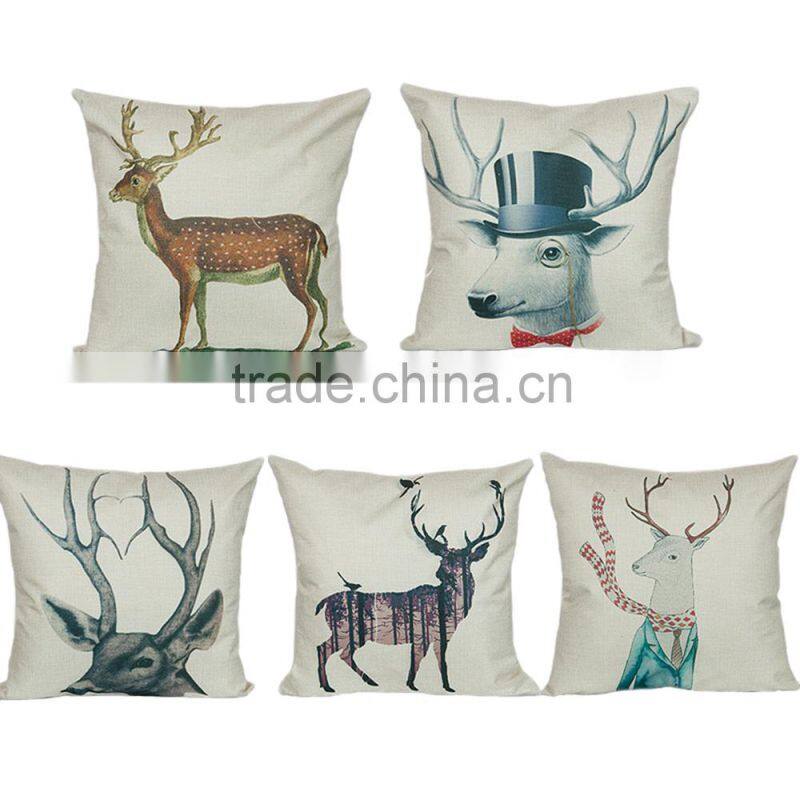 2016 hot sale home decorative custom deer printing linen cheap cushion cover