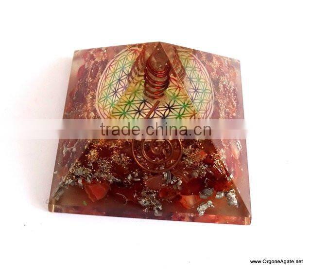 Chakra Pyramid | Big Orgone Red Carnelian Pyramid With Flower Of Life Symbol And Crystal Point | Reiki Products