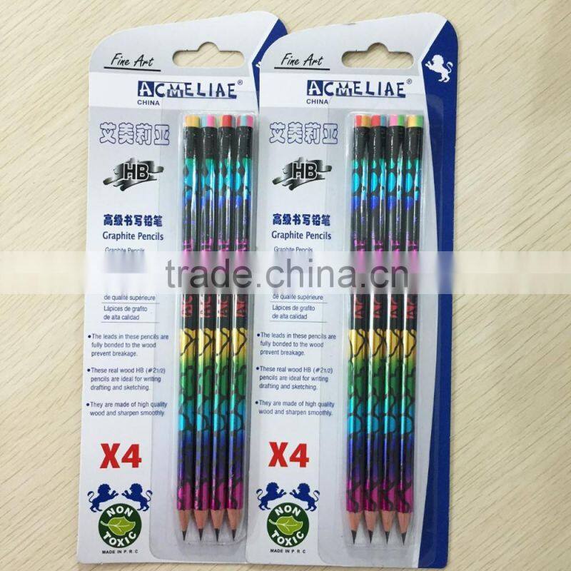 Standard size soft wood round shape heat rolling rainbow laser HB pencil in blister card