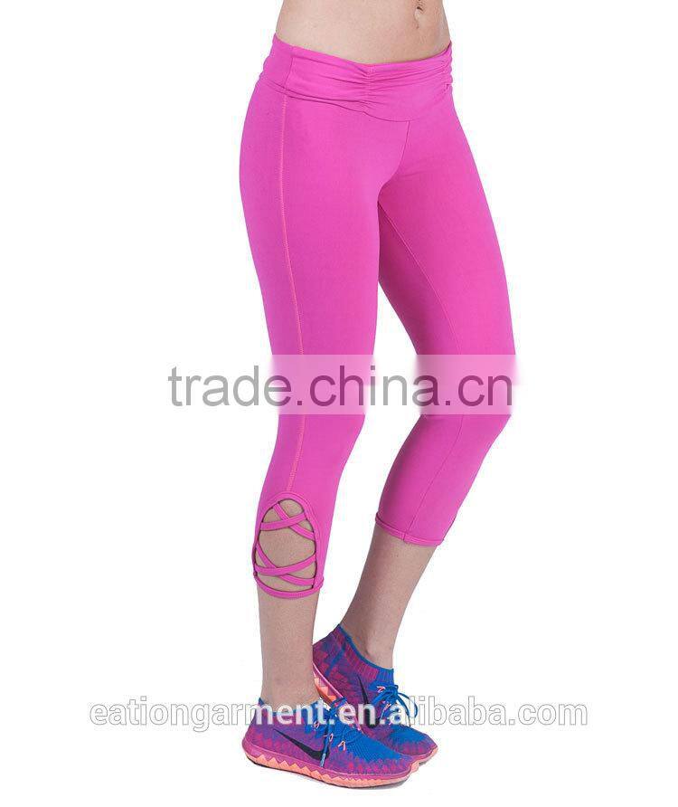 Slimming style scrunchy waist crossing straps on the bottom of each leg 4 way stretching bodybuilding fitness yogo leggings