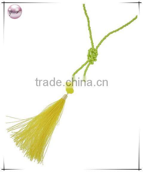 Gold Tone Yellow Acrylic Bead & Pink ThreadTassel Pendant Necklace