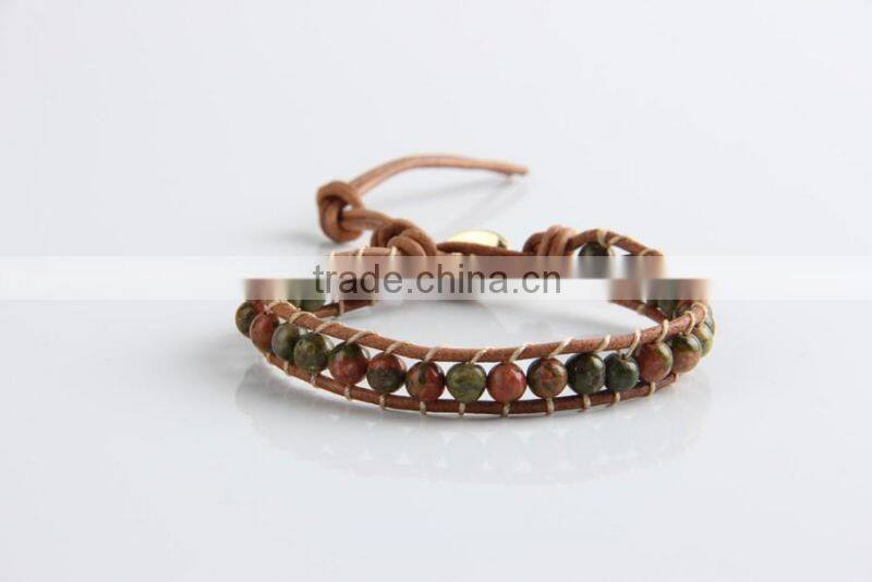 6mm green agate stone leather cord bracelet, latest design bangles and bracelet, special bracelet