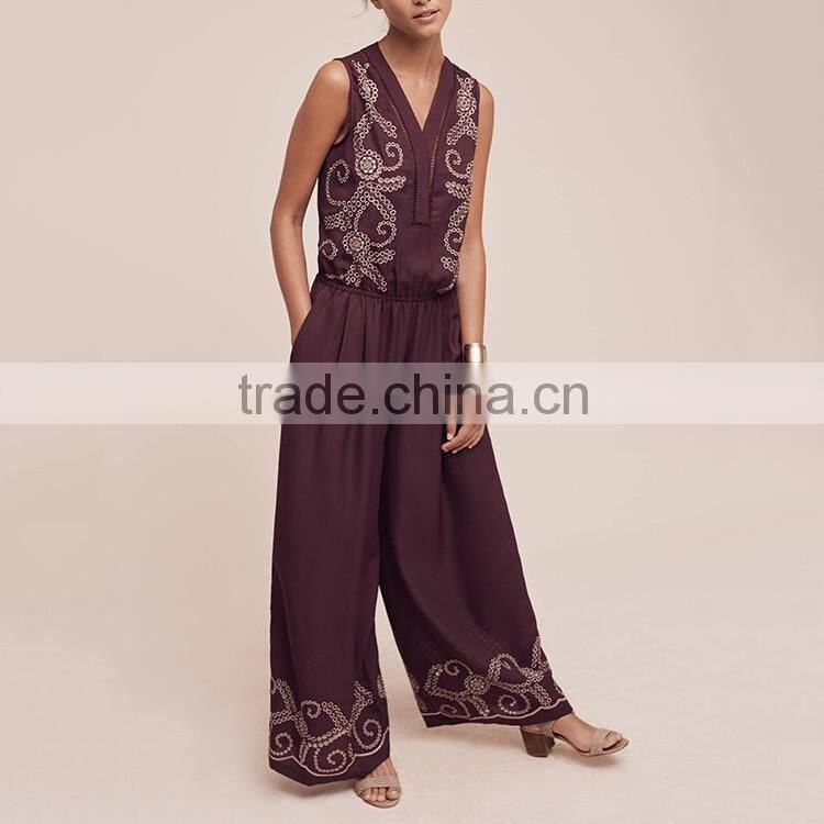 Apparel manufacturer casual v neckline print sleeveless long jumpsuits