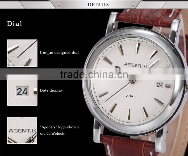 Steel Case White Dial Date Quartz Analog Genuine Leather Band Men Wrist Watch