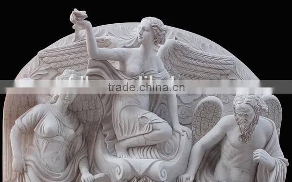White Marble Carved Angel Wall Water Fountain with Lion Head