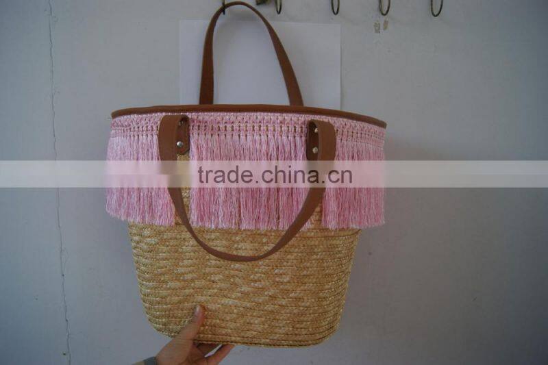 new style! wheat straw women handbag with stripe lining PU handle and tassels