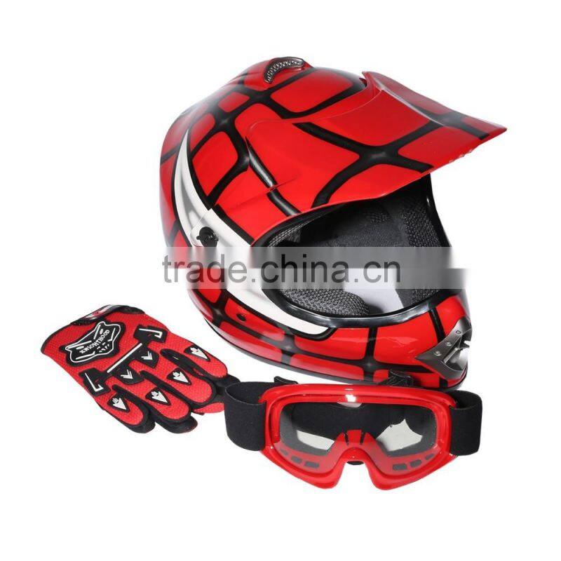 Youth Red Spider Net Dirt Bike Motocross Quads ATV Helmet Goggles+Gloves S M L