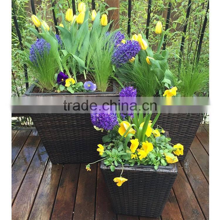 S&D rattan plaited articles flowerpot , hand woven square brown set of 3 garden flower pots , plastic outfoor gardening pots