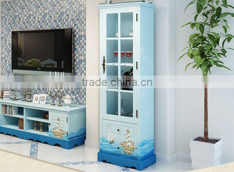 Mediterranean Style Storage Cabinet, Sailing Boat Handpainting Living Room Cabinet, Pastoral Solid Wood Cabinet (BF01-X1149)