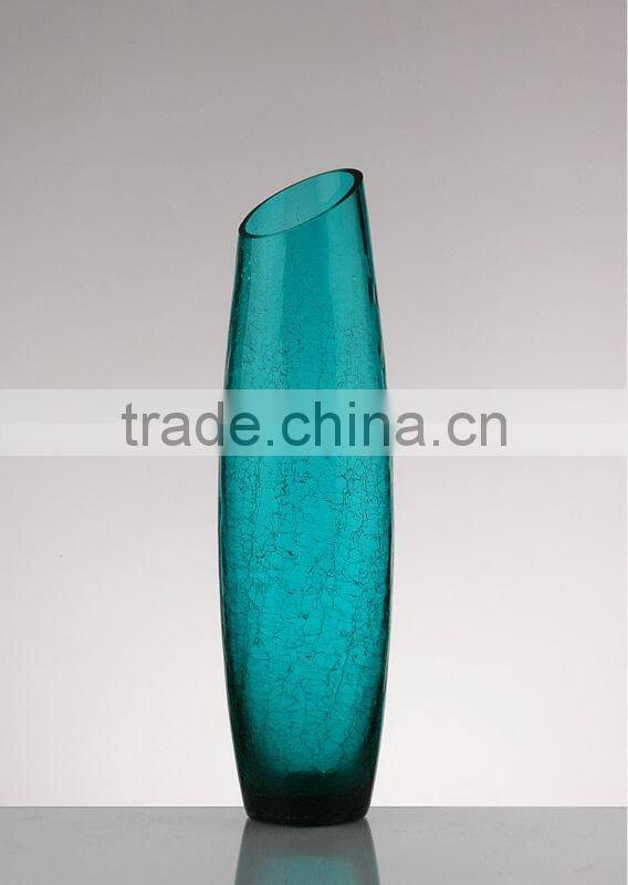 crackled slant top colored glass vase,glass vase slant top,glassware crackled