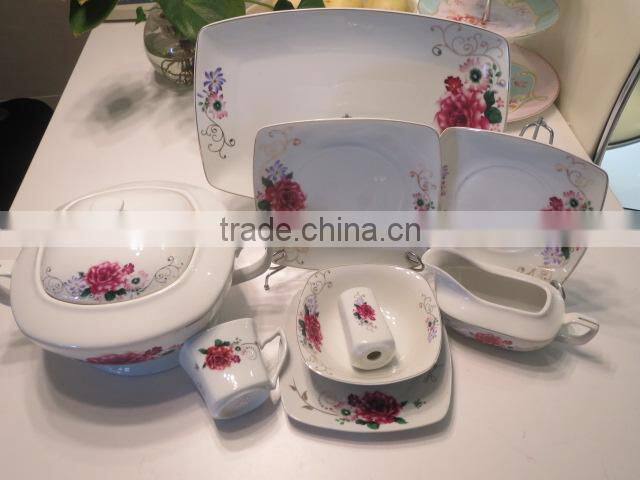 hot sales high quality nice rose flower square shape ceramic porcelain dinner set