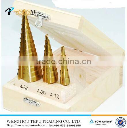 Tin coated. 3pcs HSS step drill set in wood bix packing