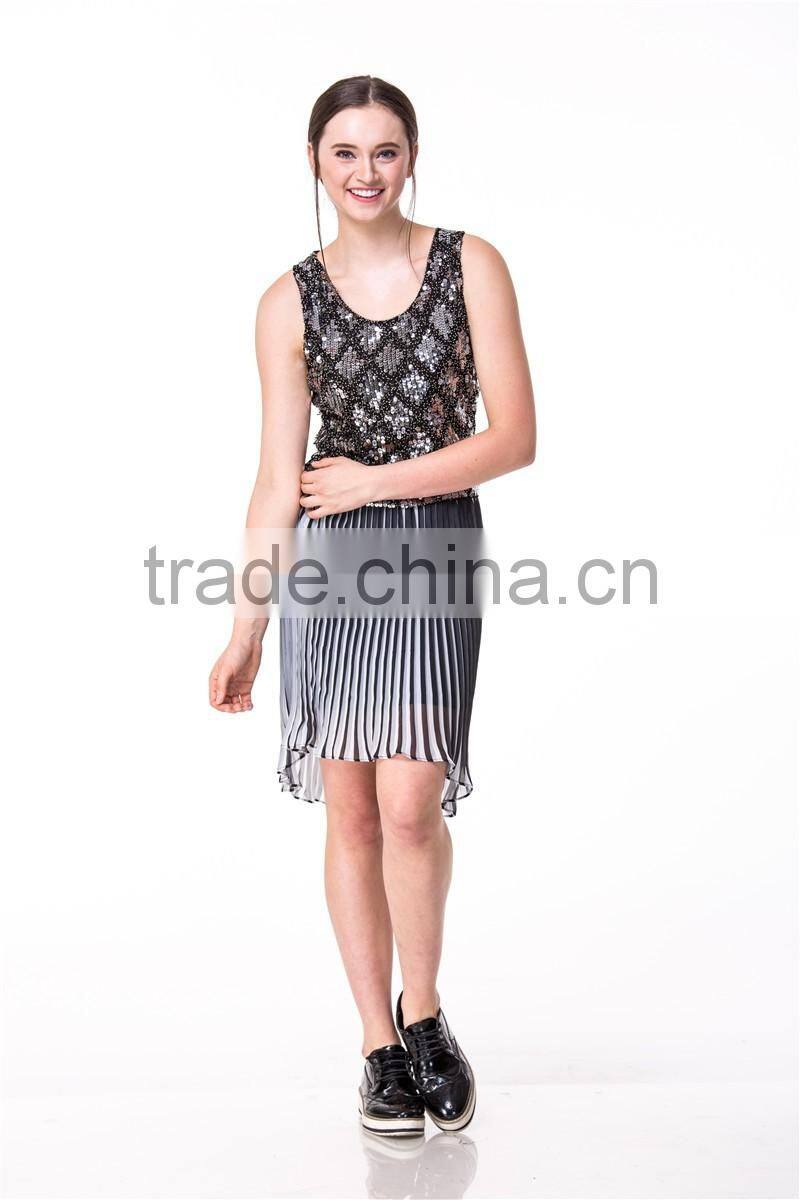 2017 New Arrival Lovely 2 Pieces set Christmas Beaded Top and Pleated White & Black Skirt