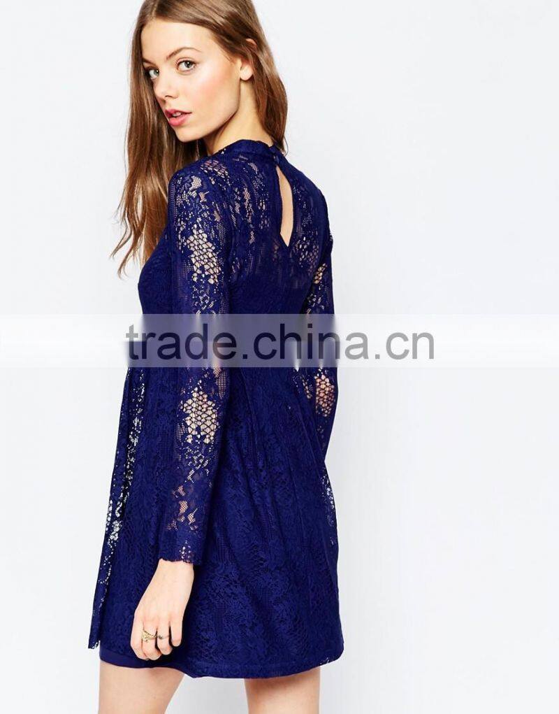 100% Polyester Round neckline Lightweight Babydoll Model Women Sexy Casual Lace Dress