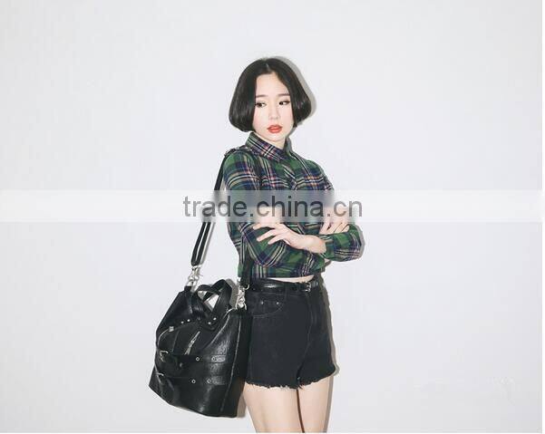 2015 customized short style green and navy plaid shirt for women
