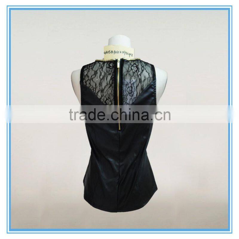 Sexy Girl PU Leather Vest With Fancy Lace Trim