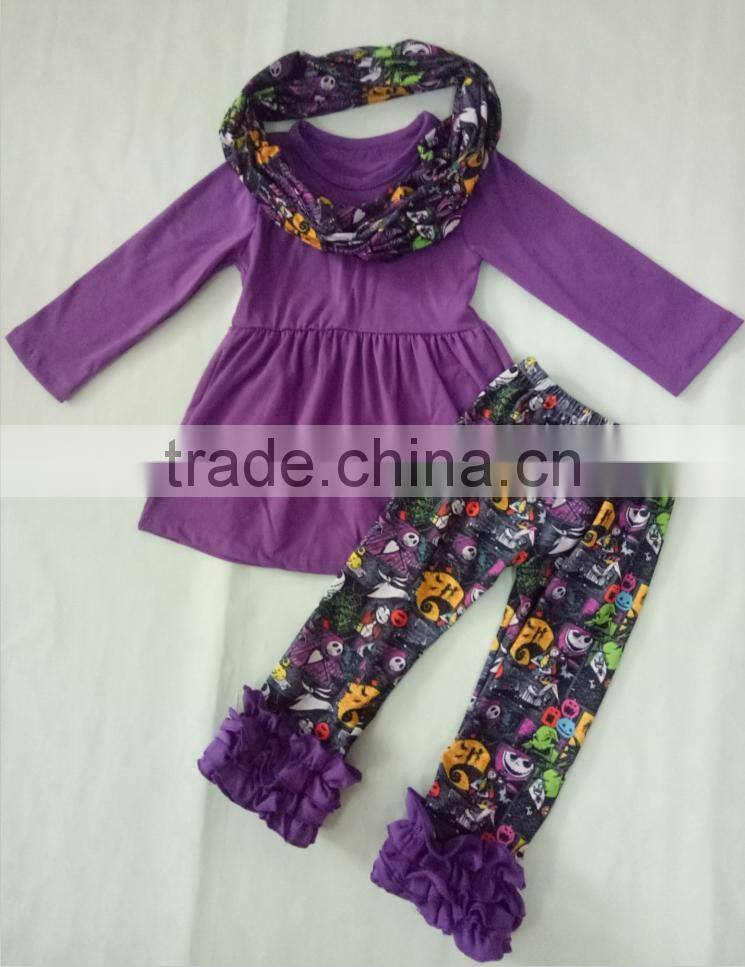 Custom Bulk Wholesale Baby Girl Halloween Outfits Girls Ghost Halloween Shirt and scarf Kids Matching Outfit Sets