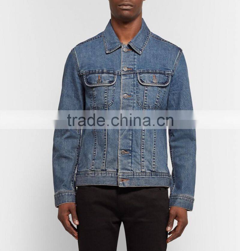 High Quality Endurable Mens Lapel Shawl Collared Button Closured Men's Denim Jeans Jacket with Two Chest Pockets