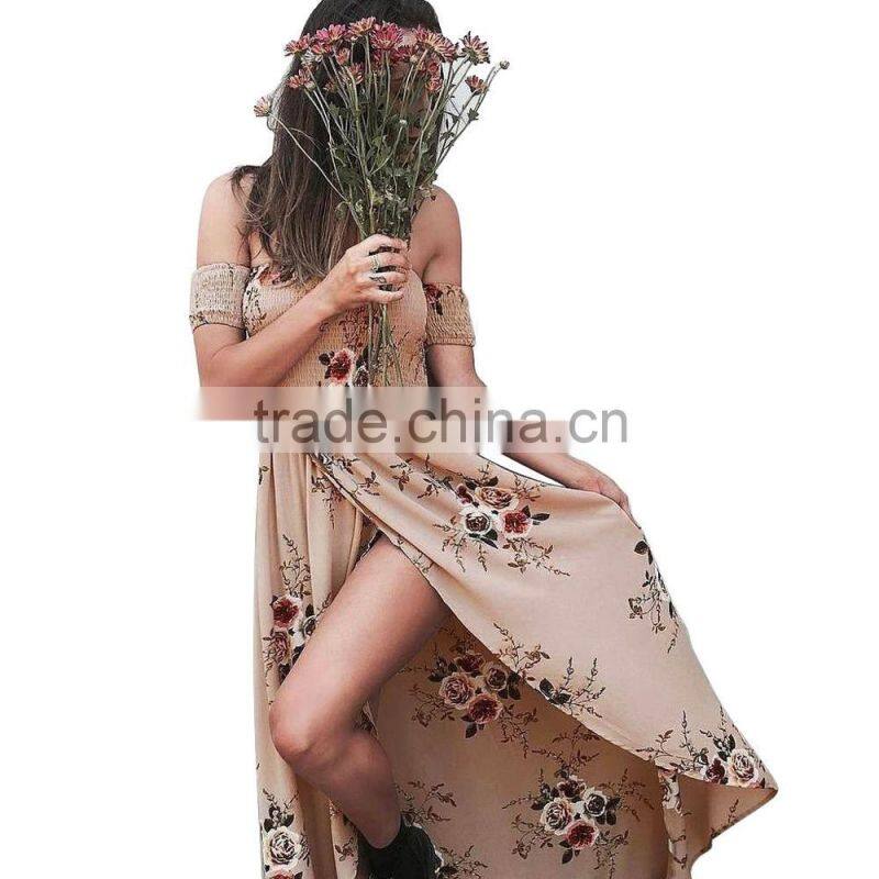 Boho style long dress women fashion Off shoulder beach summer dresses Floral print Vintage chiffon white for wholesale 2017