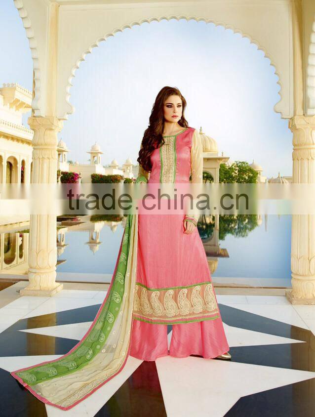 Amazing Deep Pink Color Long Straight Cut Bottom net Border Designer Semi Stitch Salwar Kameez